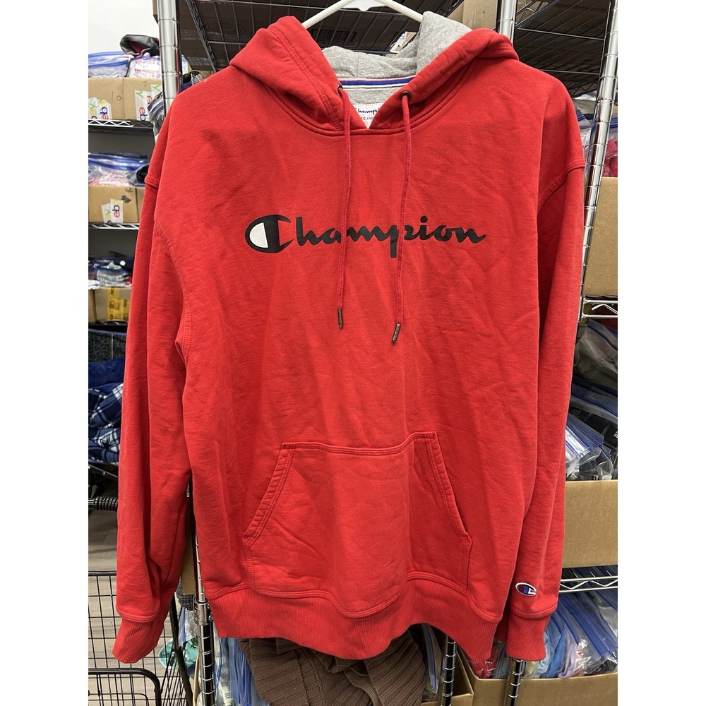 Champion Hoodie Mens Red Spell Out Logo Reverse Weave Kangaroo Pocket Size L